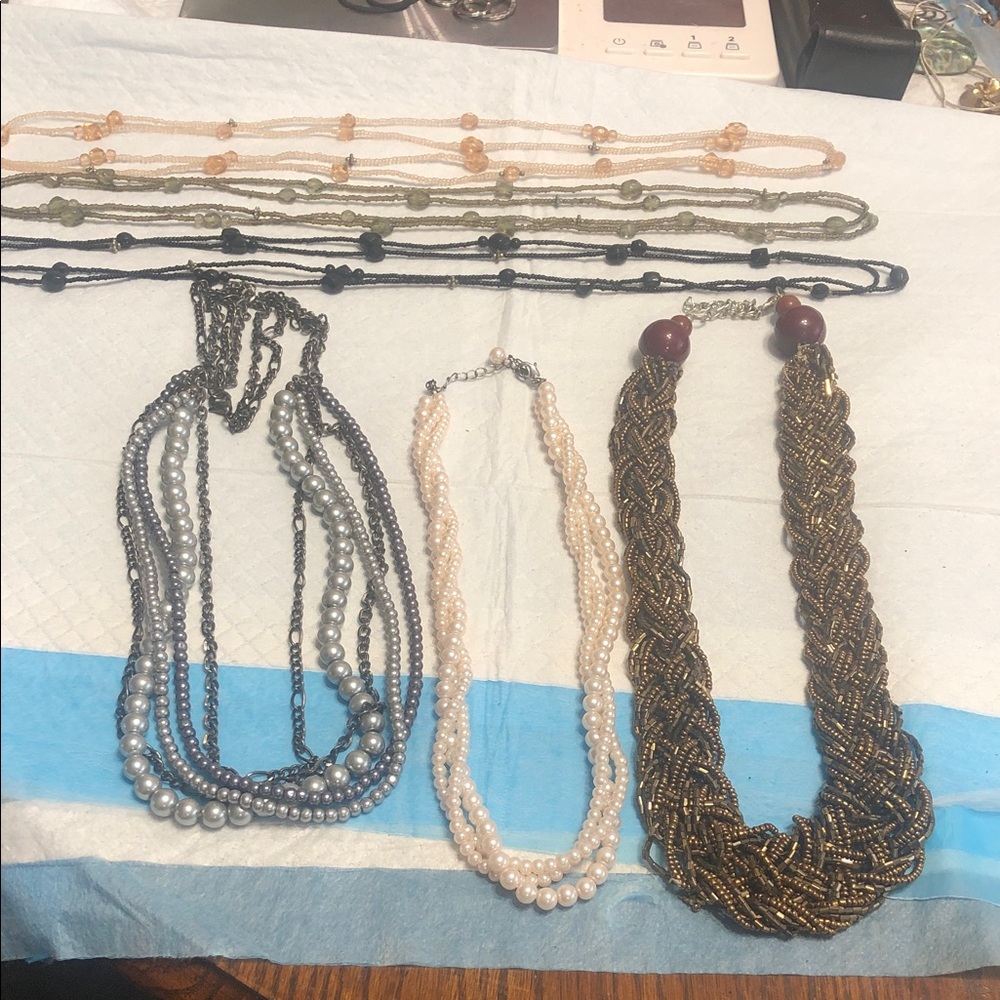 Women's Multi-String Beaded Necklace Set - Pearl, Gunmetal & Bronze